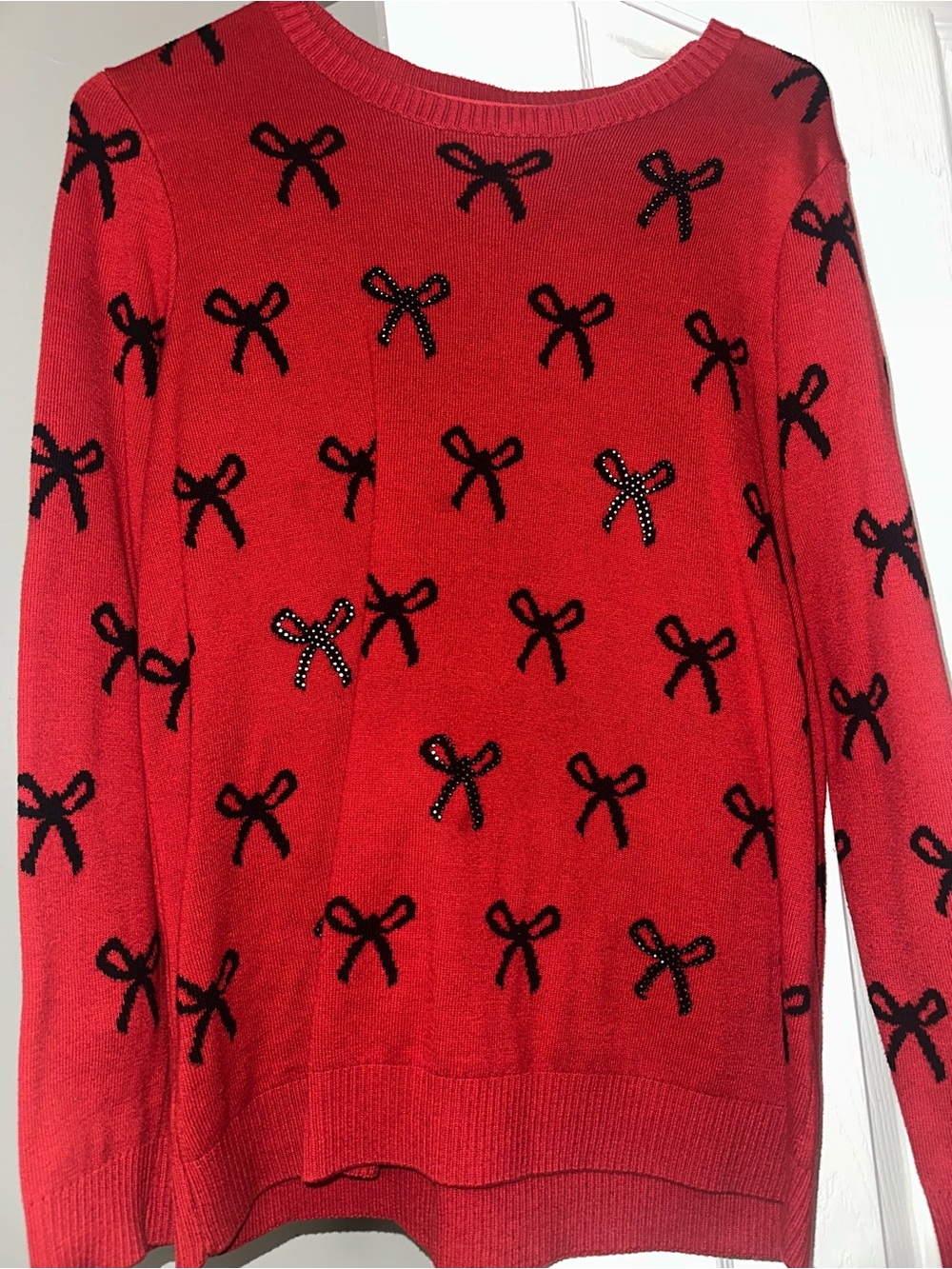 Charter Club Red Crewneck Sweater with Black Bow Print